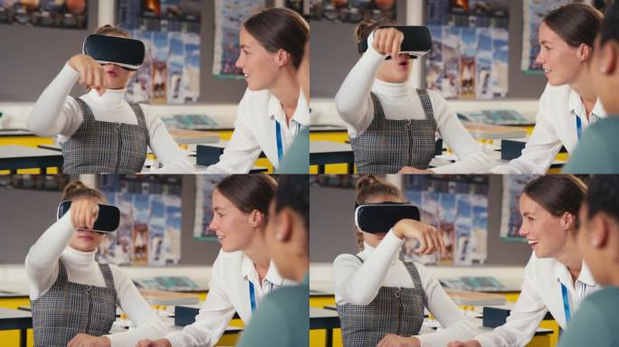 女中学生在科学课上佩戴VR耳机