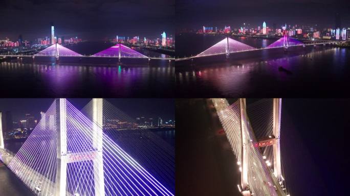 武汉长江二桥夜景灯光秀城市风景航拍