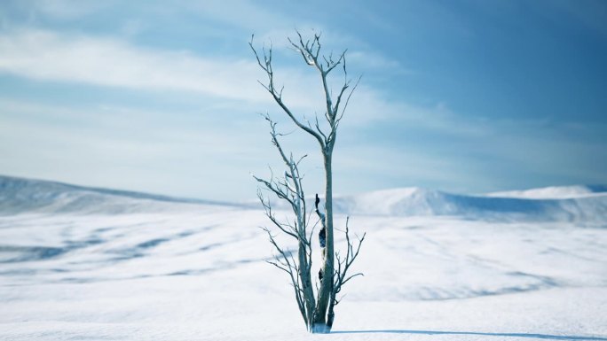 在白雪皑皑的沙漠中，一棵枯萎的冰冻树