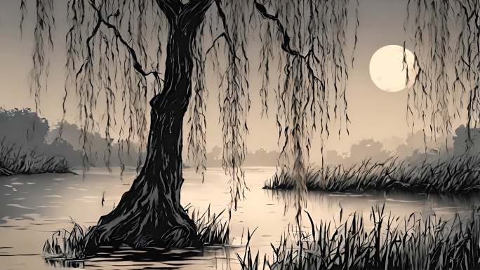 柳树 河边 水墨 意境 中国画 水墨画