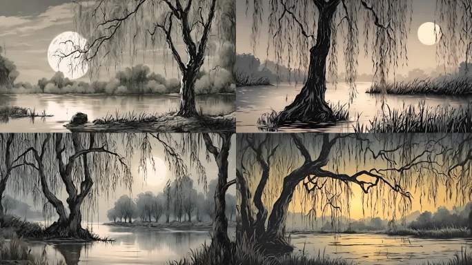 柳树 河边 水墨 意境 中国画 水墨画