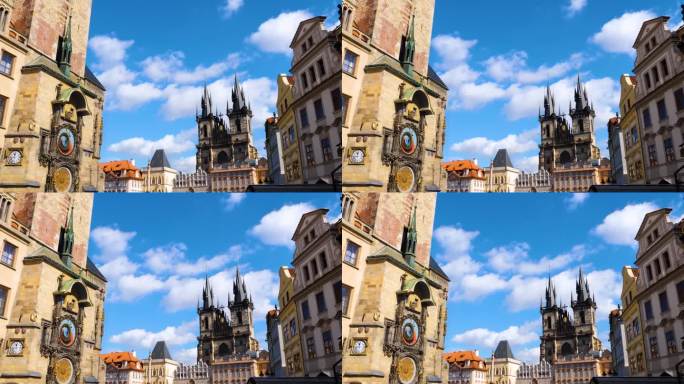 布拉格天文钟，Týn之前的圣母教堂，老城广场的石钟屋和玛丽安圆柱。