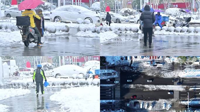 航拍平拍，汽车电动车行驶在雪天里长沙初雪