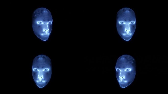 人脸扫描数字蓝线连点全息运动动画未来旋转vr多边形人头部身体接口传感器软件模型保护安全