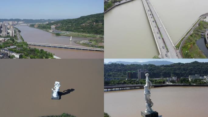 航拍四川雅安雨城女娲补天塑像地标