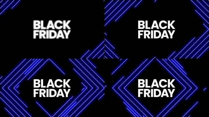黑色星期五图形元素与圆滑的蓝色霓虹灯线。大胆的黑色星期五销售横幅设计4k动画。销售购物社交媒体背景。