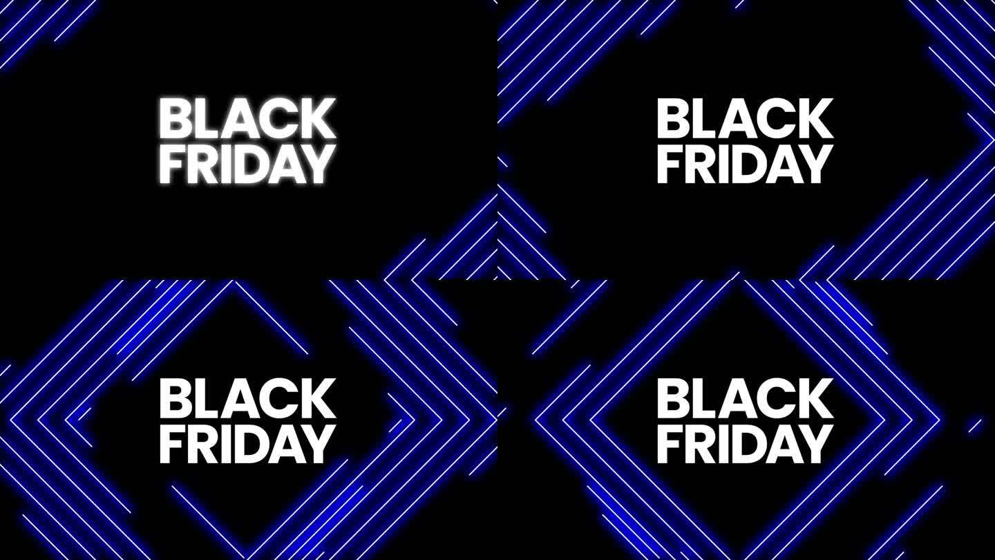 黑色星期五图形元素与圆滑的蓝色霓虹灯线。大胆的黑色星期五销售横幅设计4k动画。销售购物社交媒体背景。