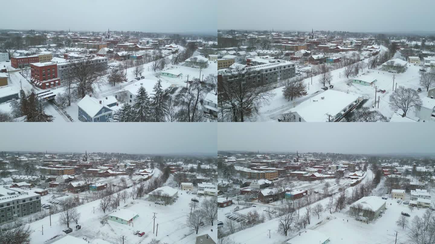 新英格兰积雪覆盖的小镇鸟瞰图