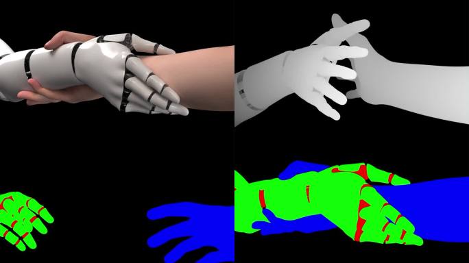 人和机器人握手代表着和解与平等。人工智能-人类协作概念。增强了效果层。