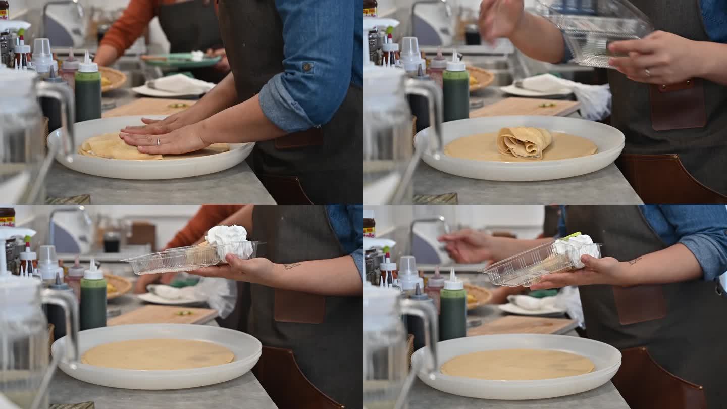 女厨师制作冷可丽饼的镜头。