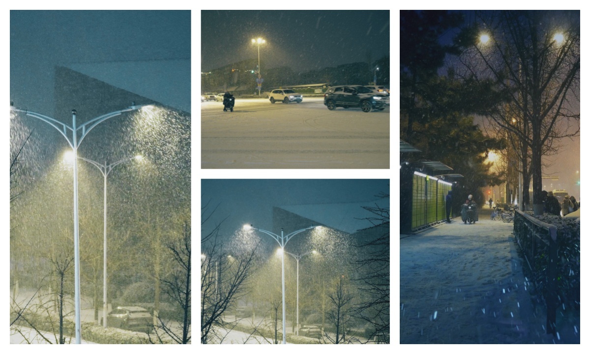 夜晚下雪行驶的汽车夜晚雪景夜晚路灯雪景