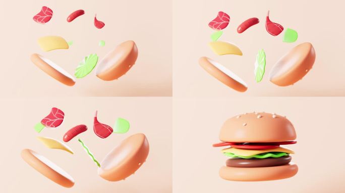 卡通肉，香肠，蔬菜，奶酪和汉堡包，快餐，3d渲染。