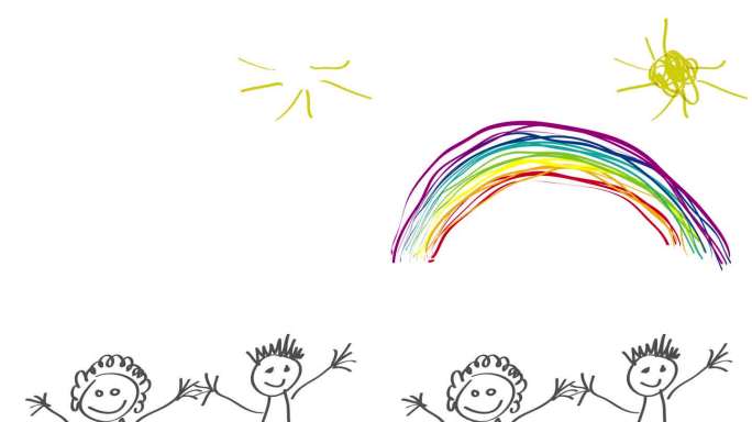 孩子画的画，农村幸福家庭，问候。动画插图。垂直视频