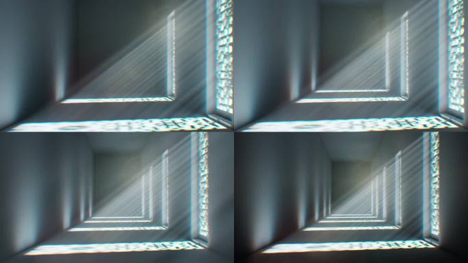 一条光线充足、装饰着彩色玻璃窗的长廊。