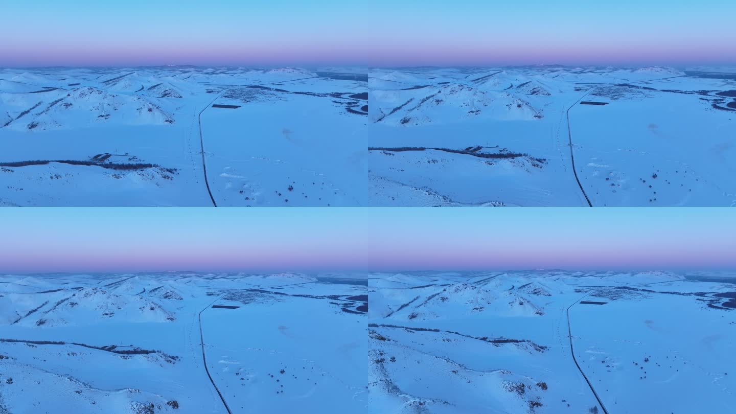 内蒙古冬季丘陵湿地雪原暮色一抹晚霞