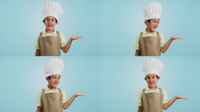 孩子，笑脸和厨师手在工作室展示促销，广告或交易。打扮，职业和年轻的男孩从未来的职业生涯烹饪和打开手掌