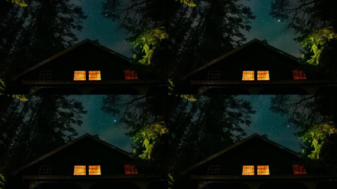 夏夜，在新英格兰的树林里，一间质朴舒适的小屋后面，星星的时间流逝，银河在薄云后面清晰可见