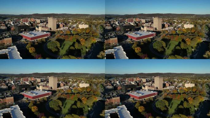 纽约宾厄姆顿市中心(鸟瞰图)无人机镜头，鸟瞰(汽车行驶，州办公大楼和法院)竞技场