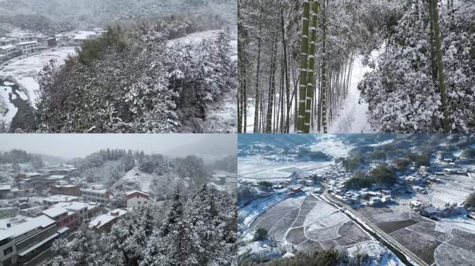 航拍湖南大山暴雪家乡农村雪景美丽乡村风光