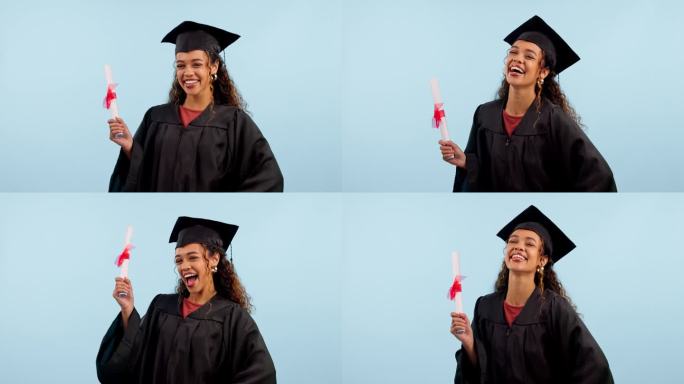毕业，女性和学生的教育文凭，学院或大学的成功在蓝色背景。非洲毕业生在工作室拿着论文、证书或学习成果兴