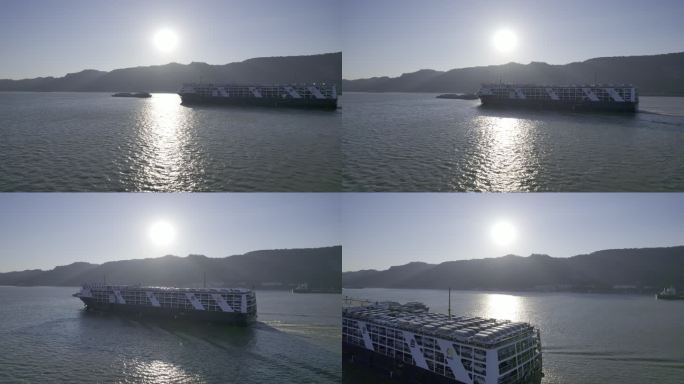 4K长江轮船货轮集装箱 日落航拍