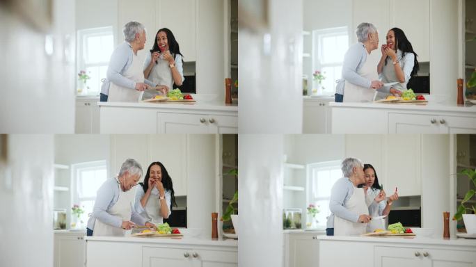 一家人，在拜访期间，与一位老妇人和女儿在厨房里做饭或吃饭。微笑，快乐和一个年轻人笑着与她的老妈妈在一