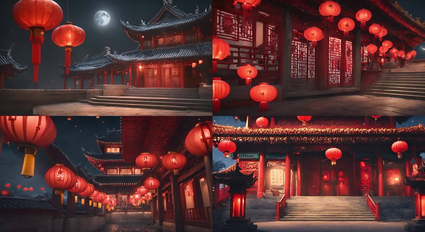 中式建筑上的红色灯笼夜晚月夜