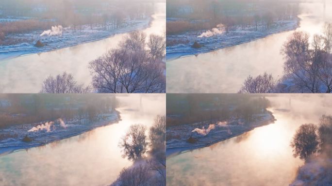 东北冬季雾凇帐篷露营唯美雪景航拍