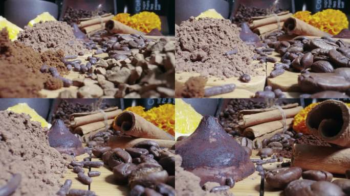 宏视频展示了一个桌子设置场景与咖啡，坚果和核桃，巧克力，肉桂棒和配料，广告背景