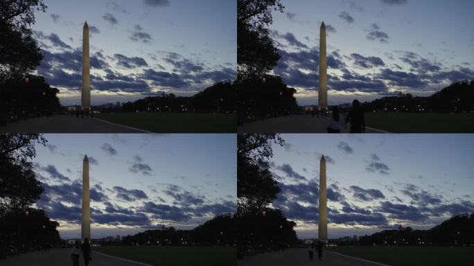 一对夫妇在日落后走向华盛顿纪念碑