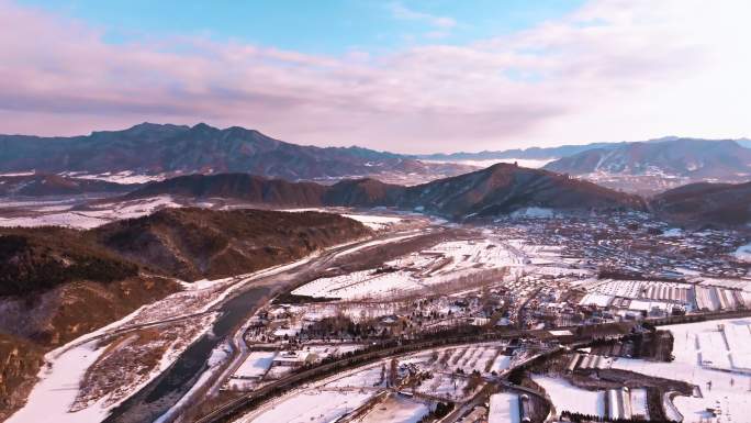 中国东北辽宁本溪冬季航拍乡村自然雪景