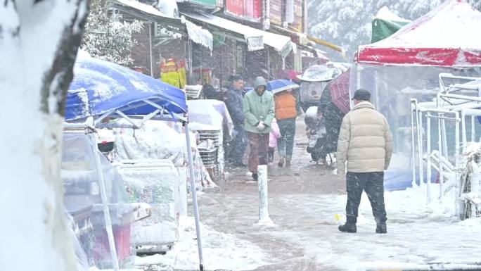 航拍，平拍，大雪天出行的人群，道路景观