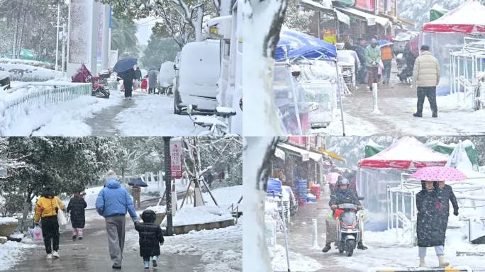 航拍，平拍，大雪天出行的人群，道路景观