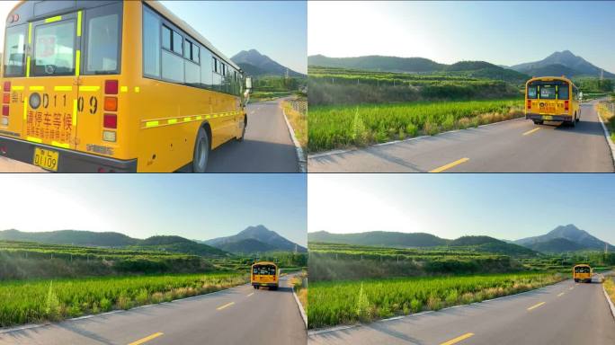 行驶在山上农村乡间小路上的黄色校车