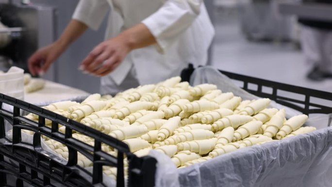 在一家工业面包店的生产线上，无法辨认的女工将牛角面包放在一个篮子里，并将有缺陷的牛角面包放在另一个篮