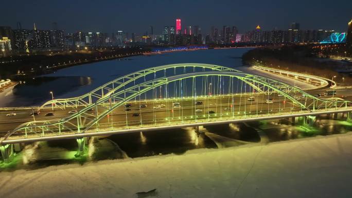 中国辽宁沈阳和平区南京桥夜景航拍