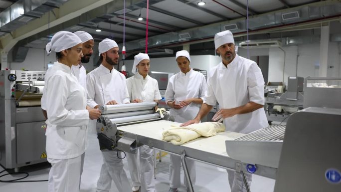 一位白人面包师在一家工业面包店培训一群员工