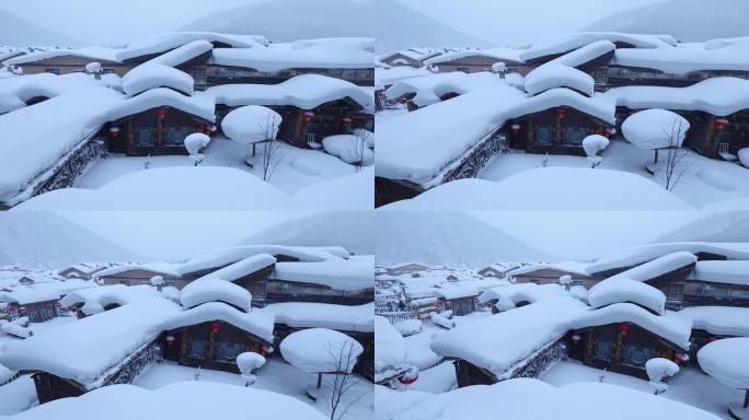 积雪覆盖的村庄，中国雪乡的航拍视角