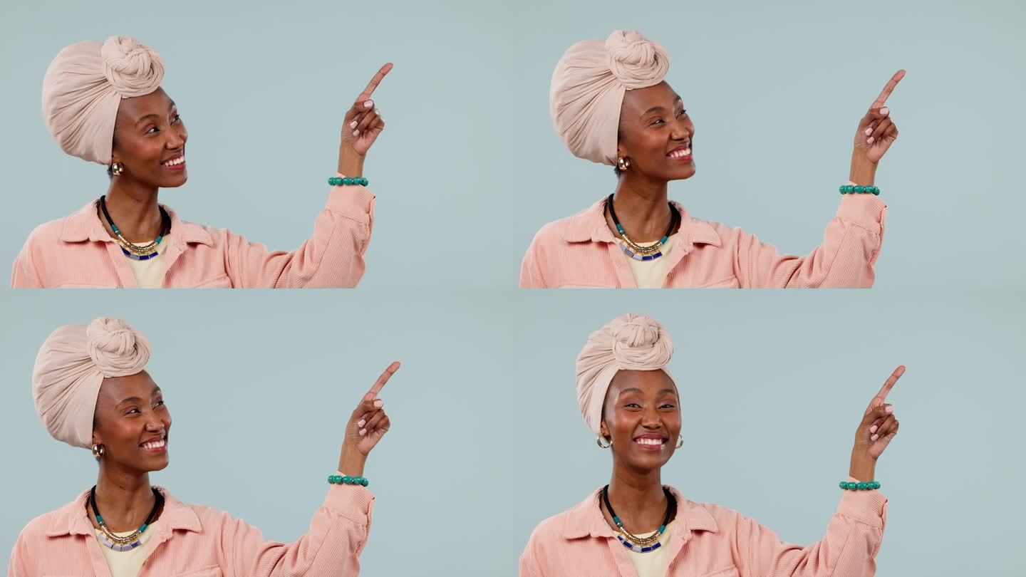 黑人女性，模型和双手指向营销和广告植入的产品，并表示同意。微笑，人，并显示显示选择或选择交易或销售在