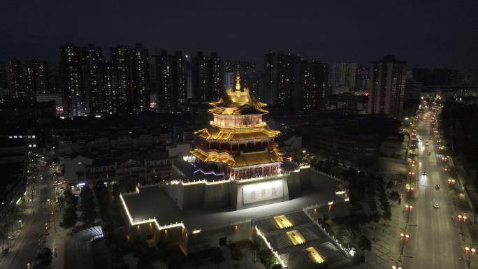 航拍咸阳清渭楼夜景4k