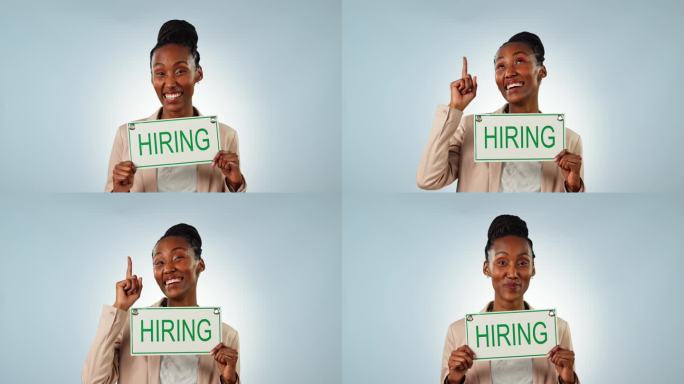 快乐的黑人女性，商业和招聘标志在广告中指向工作室背景。非洲女性的肖像或雇员与广告牌或海报在招聘或机会