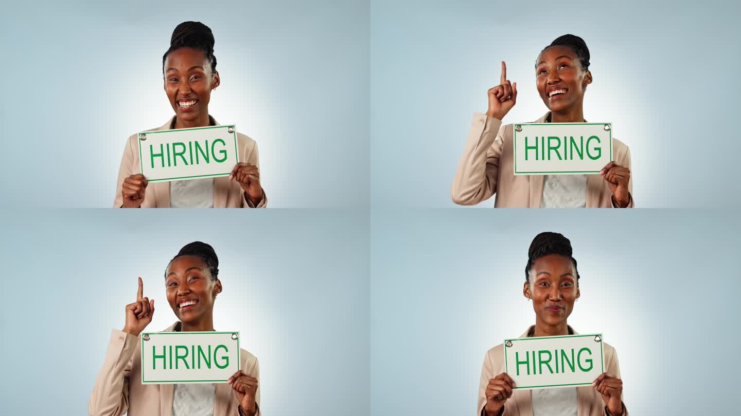 快乐的黑人女性，商业和招聘标志在广告中指向工作室背景。非洲女性的肖像或雇员与广告牌或海报在招聘或机会