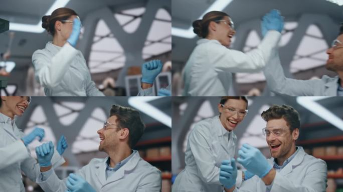两名医学研究人员微笑着在实验室发现创新药物
