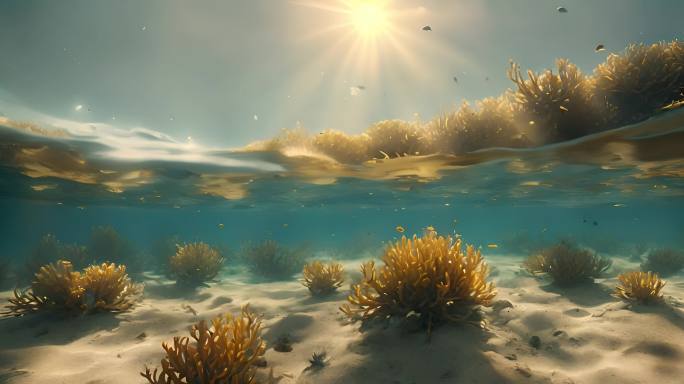 海洋植被海水水面海草阳光鱼群