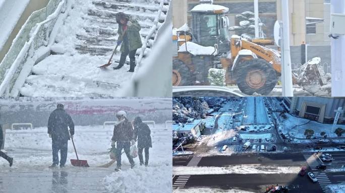 航拍，平拍，下雪天，各类道路除雪的人群，