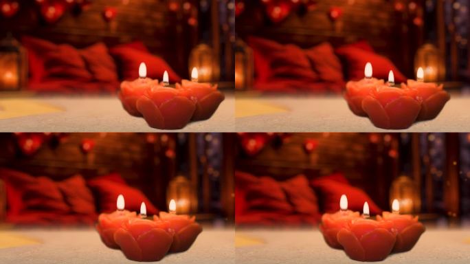 玫瑰形状的蜡烛，温馨浪漫的船舱内部被蜡烛和心形气球的温暖光芒照亮，创造了情人节的庆祝活动