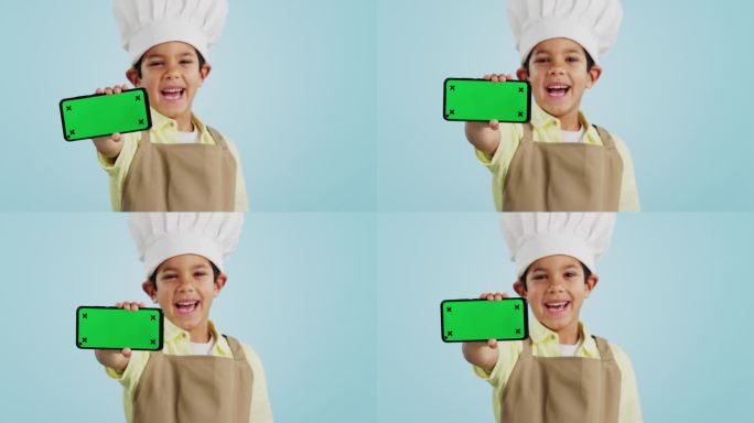 厨师孩子，脸或手机绿屏在工作室的社交媒体，烹饪教程广告或下载。蓝色背景，空间或快乐的孩子与通知在线营