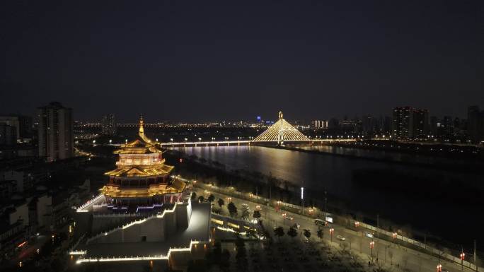 航拍咸阳清渭楼夜景4k