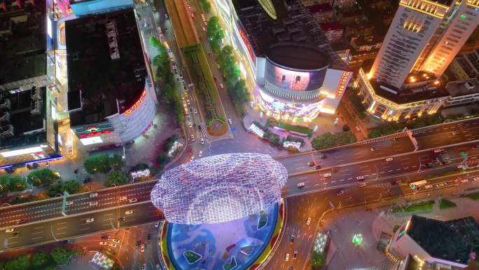 上海市杨浦区商圈五角场广场夜晚夜景城市车