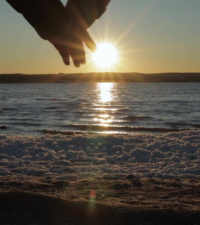 夕阳西下，一对夫妇在海边牵手的剪影。浪漫的情侣相爱，互相扶持的观念。垂直视频。